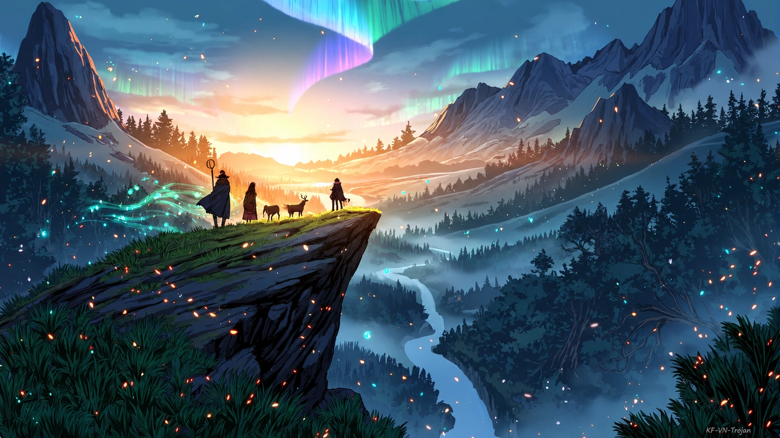 Three remembered heroes overlooking the wild First Dawn of Trojania